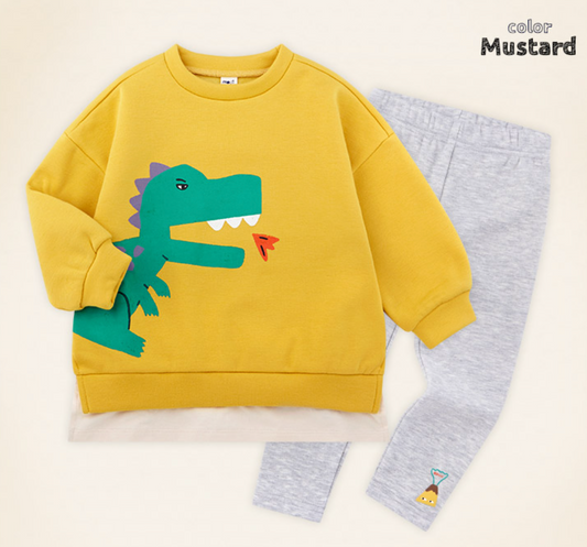 Angry Dinosaur Fleece Pullover & Jogger Set - Mustard