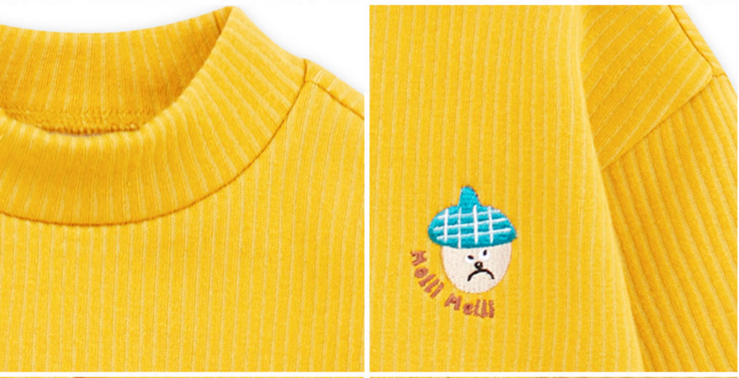 Acorn Embroidered Fleece Long Sleeve T-Shirt - Mustard